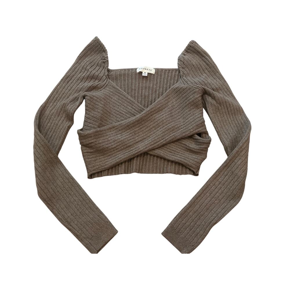 Promesa Women’s Criss Cross Ribbed Cropped Sweater Brown Size Medium Long Sleeve